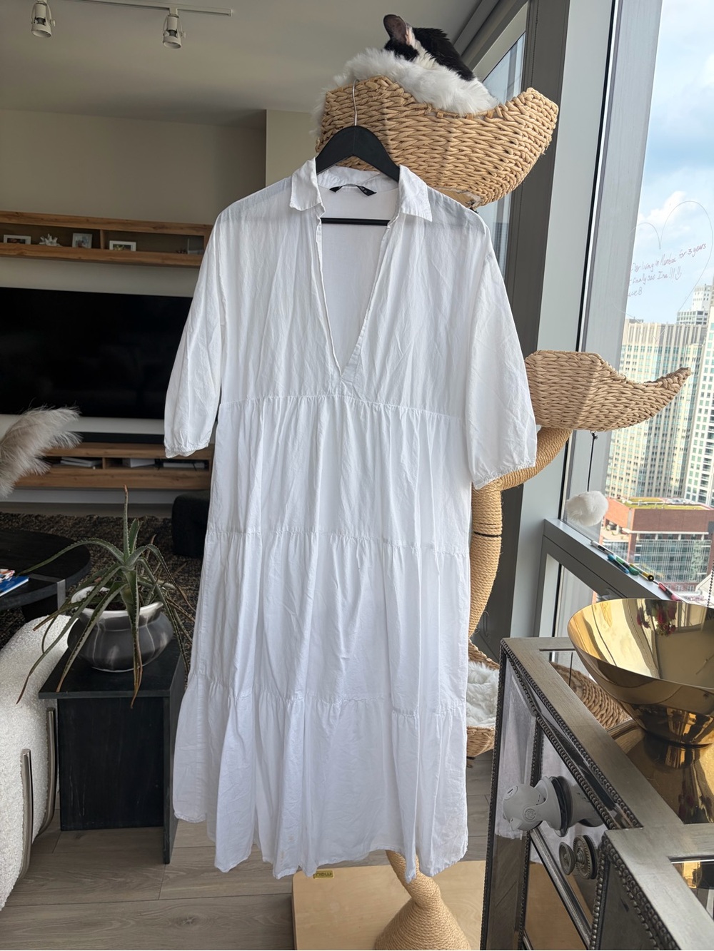 Zara White V-Neck Tiered Maxi Dress
